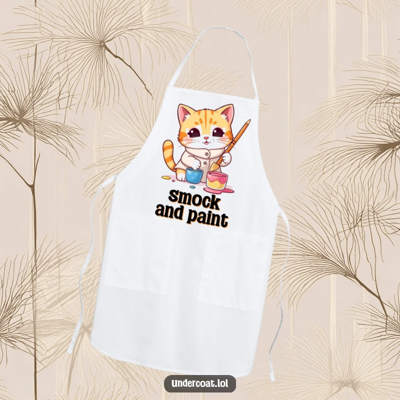 Funny apron featuring a curious cat in a smock dipping a brush into paint, ideal for a clean and humorous art session.