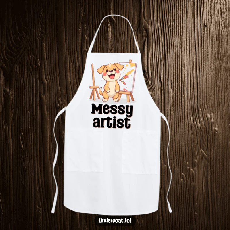 Funny apron featuring a happy dog artist excitedly splashing paint, ideal for a messy but humorous cooking or crafting experience.