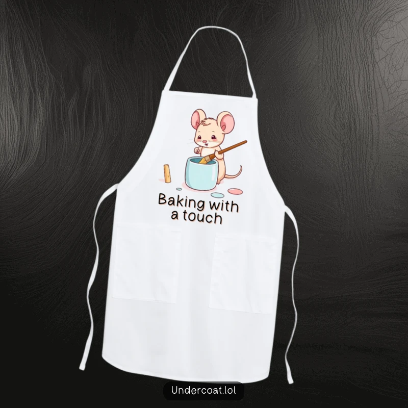 Funny mouse apron featuring a tiny mouse playfully dipping a brush into a paint pot, ideal for creative culinary arts.