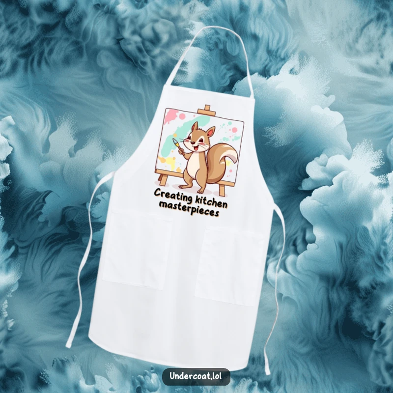 Funny squirrel apron featuring a cheerful squirrel vigorously painting a large abstract canvas, ideal for creative cooking.