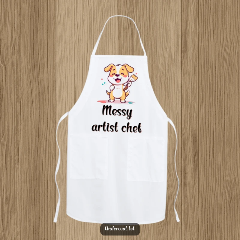 Funny Dog Painter Apron depicting a playful dog energetically dabbing paint, offering protection for artists.
