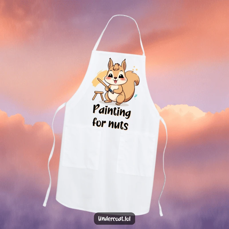 Funny apron featuring a cheerful squirrel actively using a paintbrush to create a vibrant stroke, ideal for a colorful, humorous art session.
