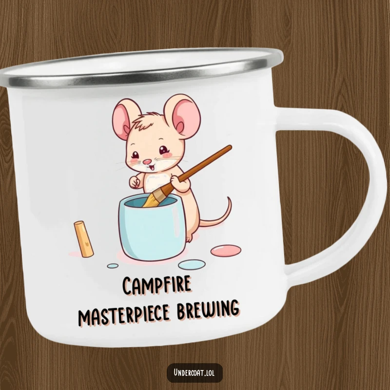 Funny mouse camping mug with a tiny mouse playfully dipping a brush into a paint pot, perfect for artistic outdoor moments.