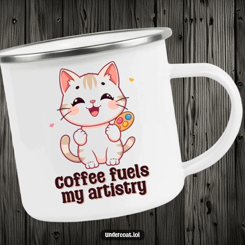 Funny Cat Artist Camping Mug: A happy cat artist enjoys the outdoors, holding a palette, ready for an artistic adventure.