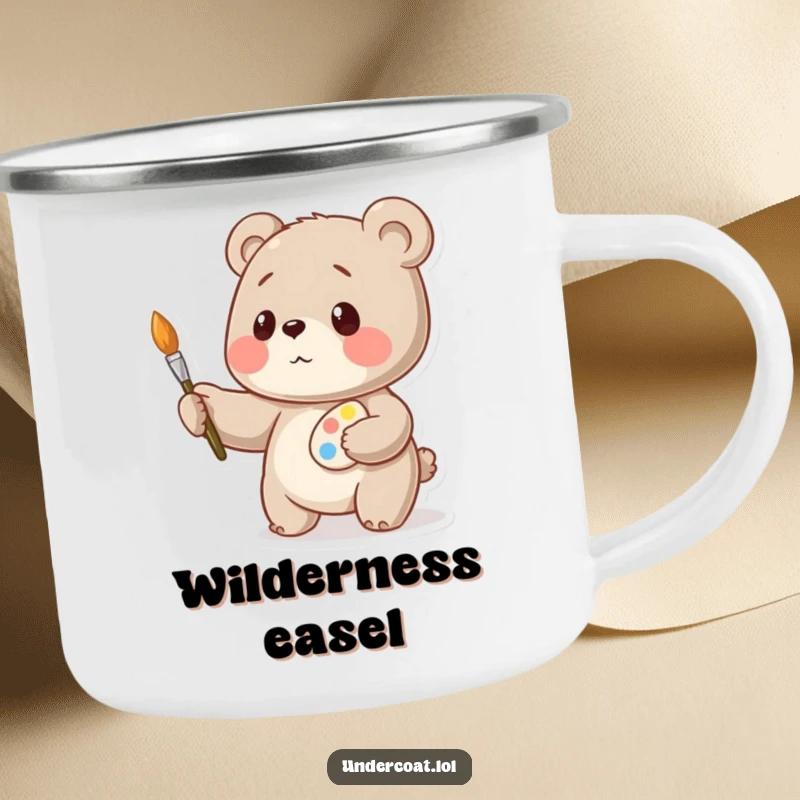 Funny bear artist camping mug, a playful bear artist balancing art tools, enjoying the outdoors, durable and portable.