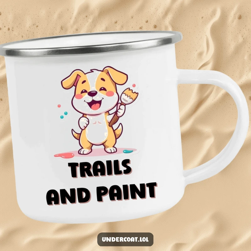 Funny Dog Painter Camping Mug showing a playful dog energetically dabbing paint, ready for outdoor art sessions.