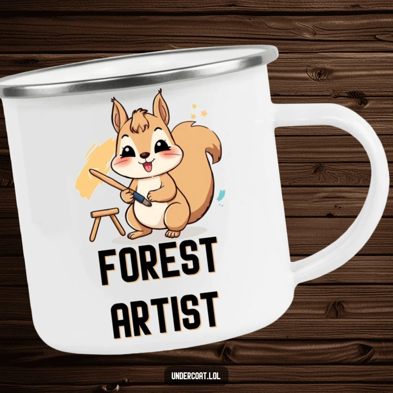 Funny camping mug showcasing a cheerful squirrel actively using a paintbrush to create a vibrant stroke, perfect for outdoor art and drinks.