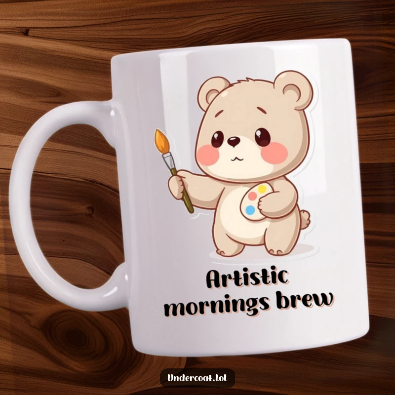 Funny bear artist mug, balancing palette and brush with intense focus, sipping coffee, perfect gift for painters.