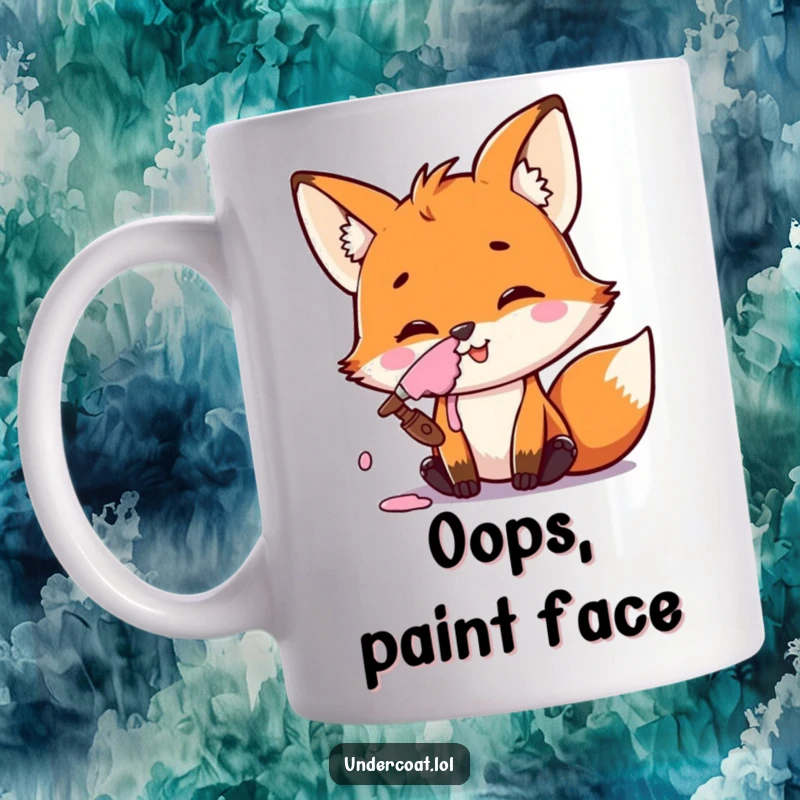 Funny Fox Artist Mug featuring a mischievous fox with paint smeared on its nose, smiling after an artistic accident.