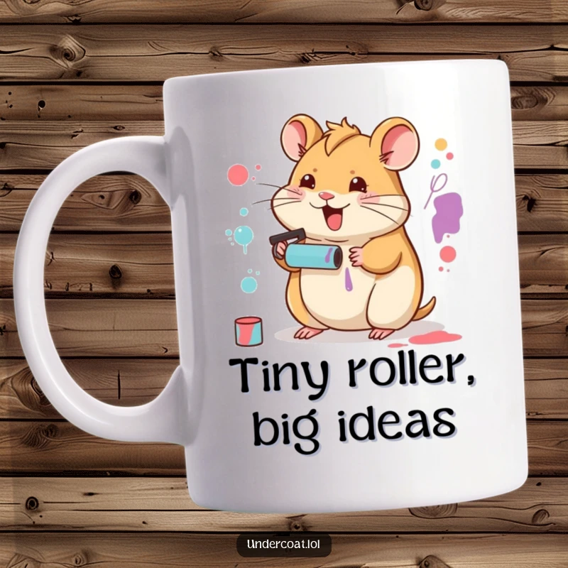 Funny Hamster Artist Mug featuring a happy hamster creating abstract art with a tiny paint roller, showcasing miniature creativity.