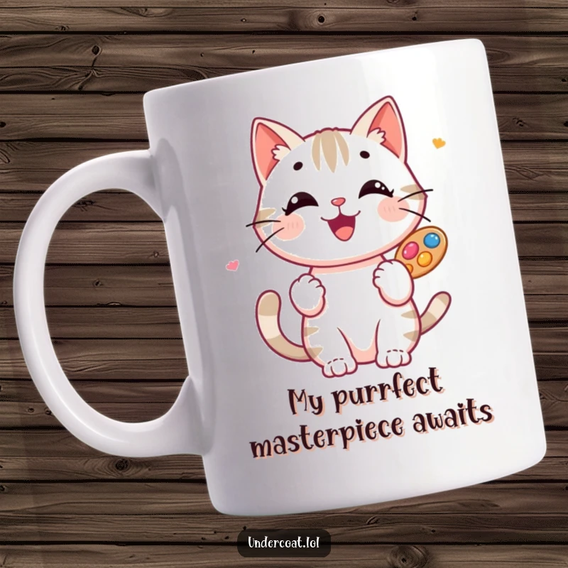 Funny Cat Artist Mug: A happy, smiling cat artist confidently balances a palette brimming with colorful paints, ready to create.