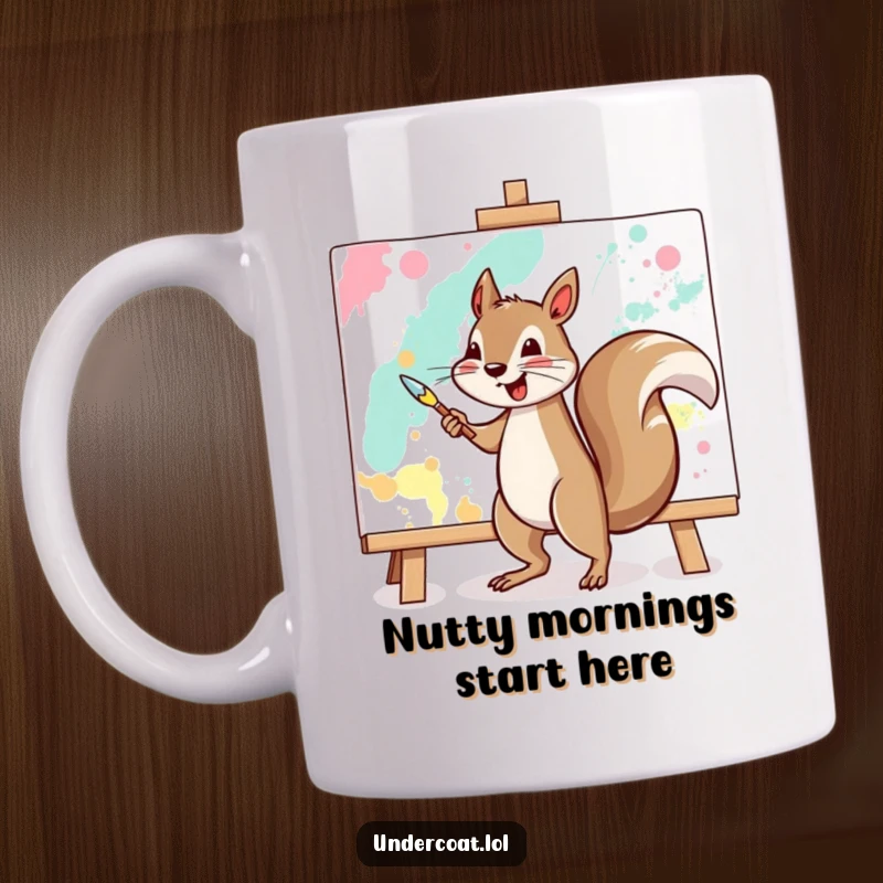 Funny squirrel mug showing a cheerful squirrel vigorously painting a large abstract canvas with artistic flair and joy.