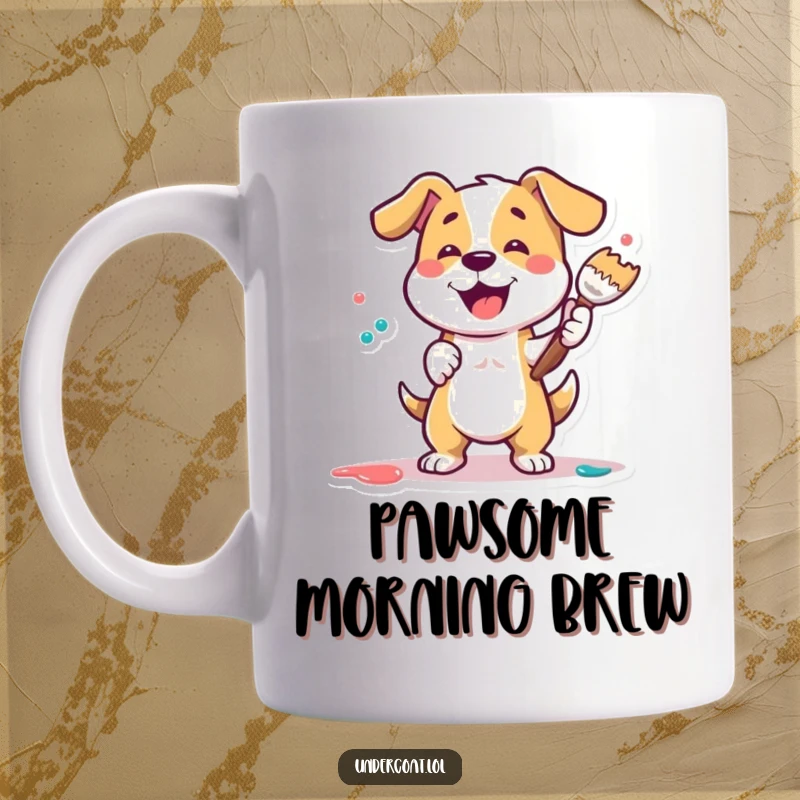 Funny Dog Painter Mug featuring a playful dog energetically dabbing paint with a large brush, creating a masterpiece.