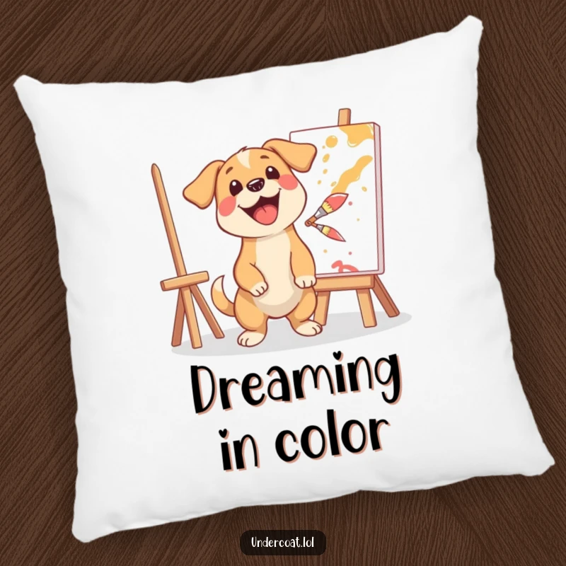 Funny pillow with a happy dog artist excitedly splashing paint, perfect for adding creative comfort and humorous flair to any room.