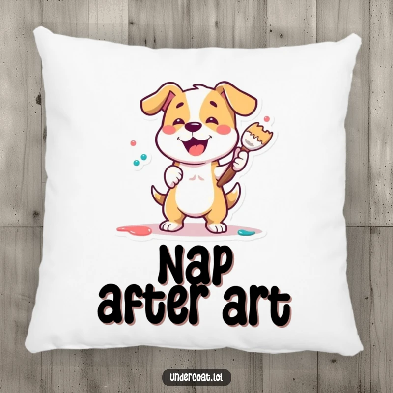 Funny Dog Painter Pillow featuring a playful dog energetically dabbing paint with a large brush, bringing artful comfort.