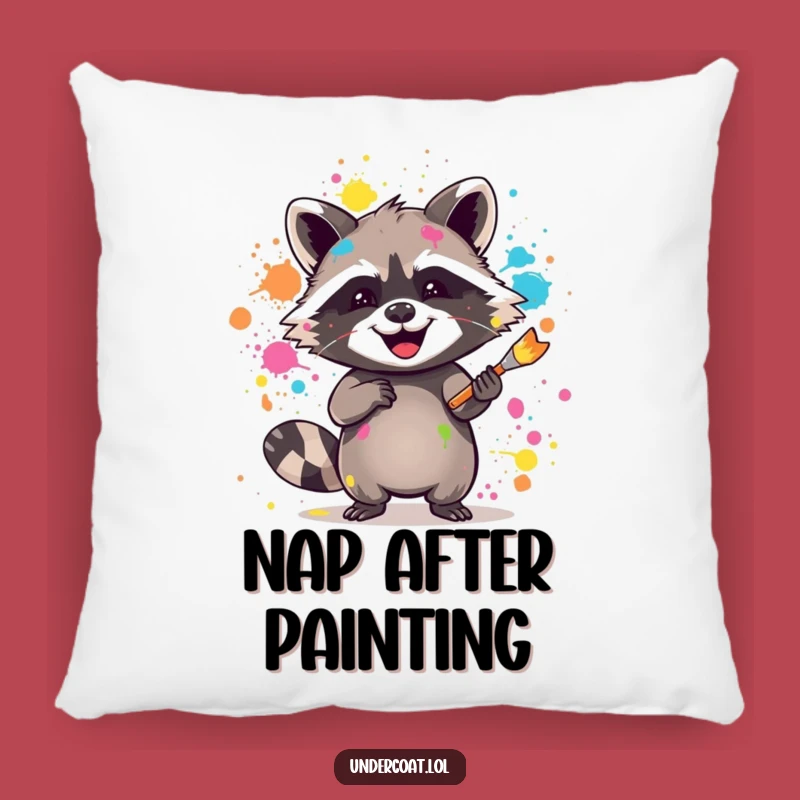 Funny Raccoon Artist Pillow - Paint Splatter Comfort, Gift