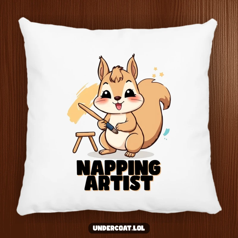 Funny pillow with a cheerful squirrel actively using a paintbrush to create a vibrant stroke, perfect for adding cozy, humorous appeal.