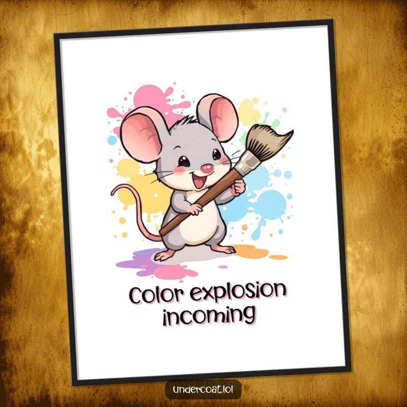 Funny mouse art digital print, a tiny mouse artist enthusiastically splattering paint with a large brush, high-resolution, printable.