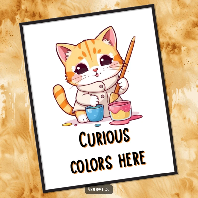 Funny digital art print of a curious cat wearing a smock and dipping a brush into paint, capturing focused artistic charm.