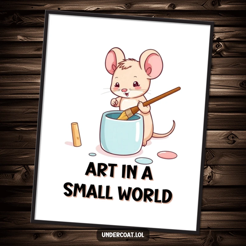 Funny mouse digital art print of a tiny mouse playfully dipping a brush into a paint pot, perfect for cute decor.