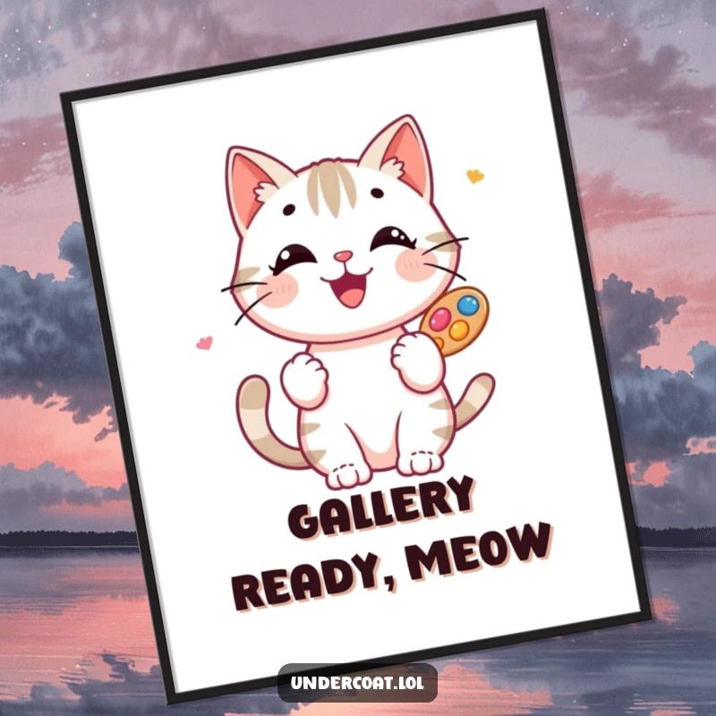 Funny Cat Artist Digital Print: A happy cat artist beaming, balancing a palette full of vibrant colors, ready to be printed and framed.