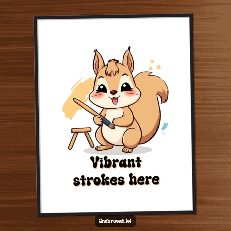 Funny digital art print of a cheerful squirrel actively using a paintbrush to create a vibrant stroke, capturing energetic artistic charm.