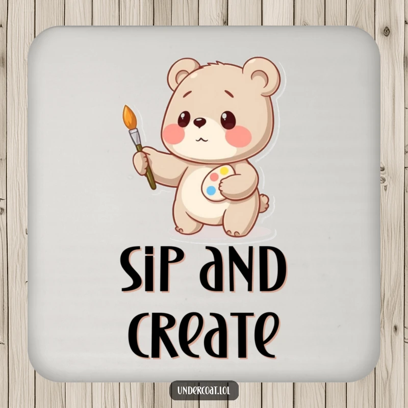 Funny bear artist coaster, a playful bear artist balancing art supplies, protecting surfaces from drinks, decorative item.