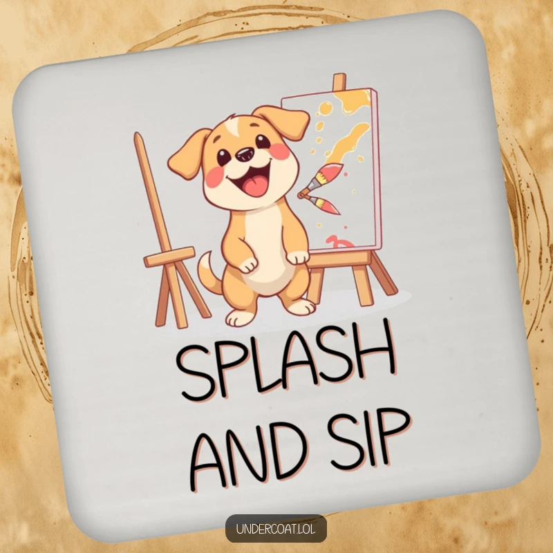 Funny coaster with a happy dog artist excitedly splashing paint, offering protection and humorous artistic flair to tabletops.