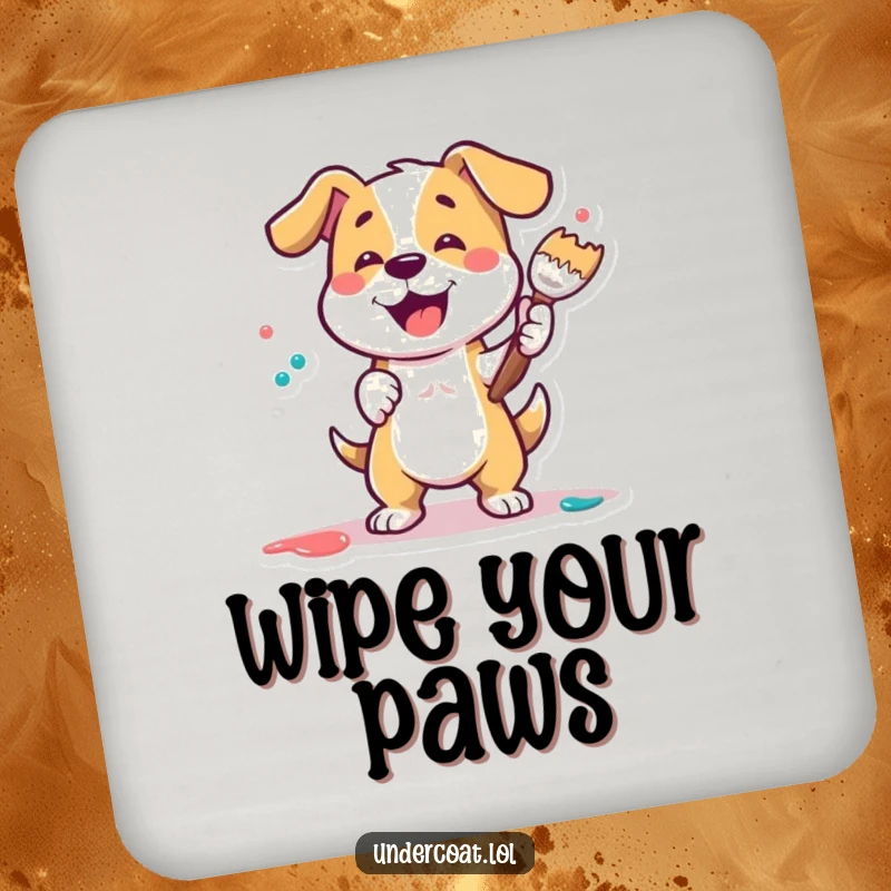 Funny Dog Painter Coaster featuring a playful dog energetically dabbing paint, perfect for protecting surfaces.