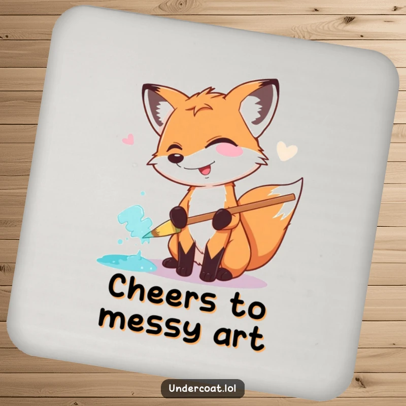 Funny Fox Painter Coaster: A giggling fox artist smears paint with a huge pastel brush, protecting your table with humor.
