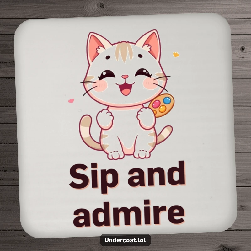 Funny Cat Artist Coaster: A happy cat artist balances a small palette of colorful paints, protecting your table with style.