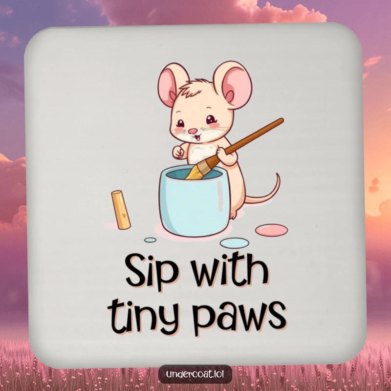 Funny mouse drink coaster featuring a tiny mouse playfully dipping a brush into a paint pot, adding cute artistic flair.