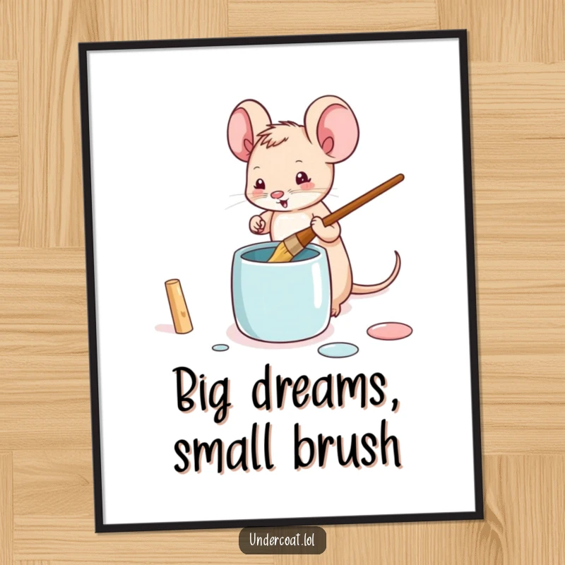 Funny mouse poster showing a tiny mouse playfully dipping a brush into a paint pot, a delightful piece of art.