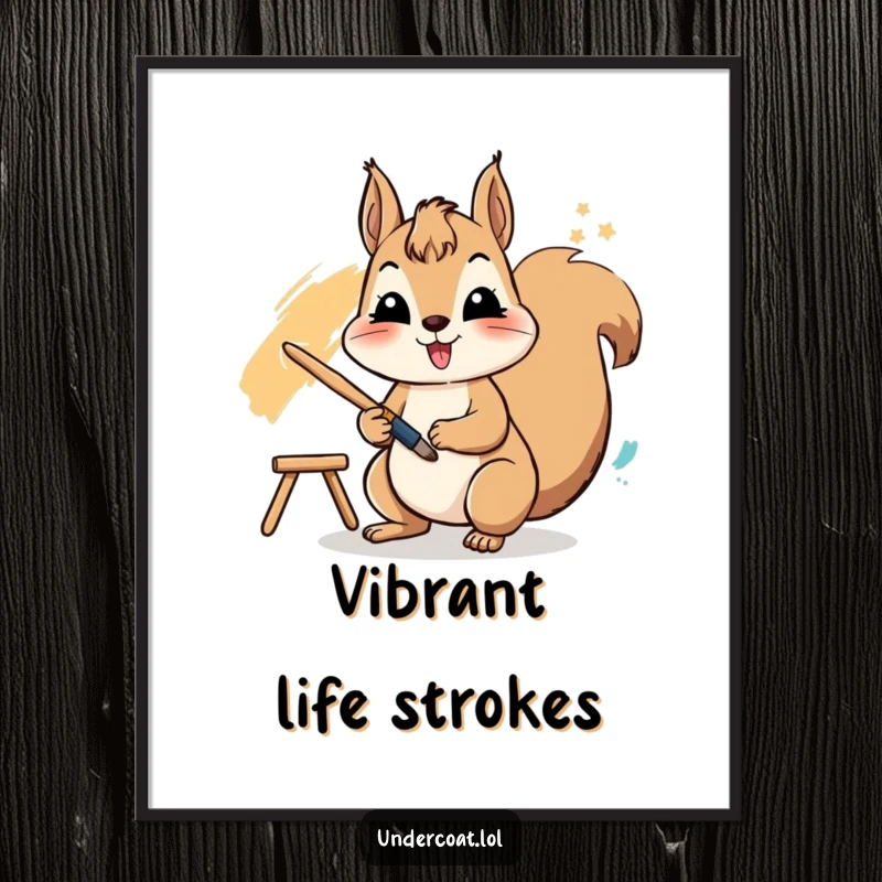 Funny poster art of a cheerful squirrel actively using a paintbrush to create a vibrant stroke, showcasing energetic art creation.