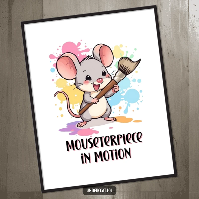 Funny mouse art poster, a tiny mouse artist enthusiastically wielding a large paintbrush, creating colorful paint splatters on a wall.