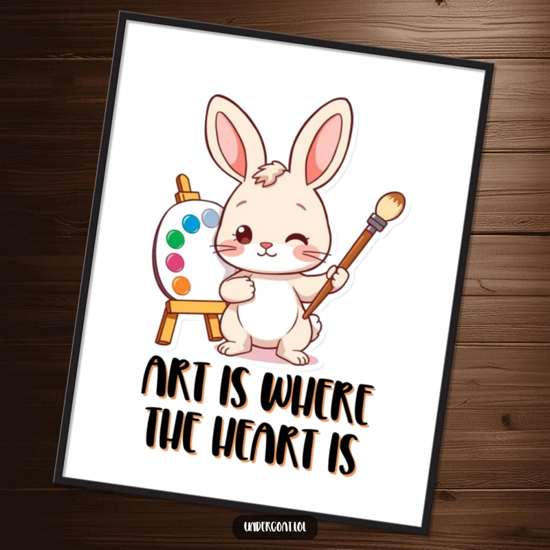 Funny free printable wall art of a curious bunny artist holding a paintbrush and palette, perfect for inspiring creativity.