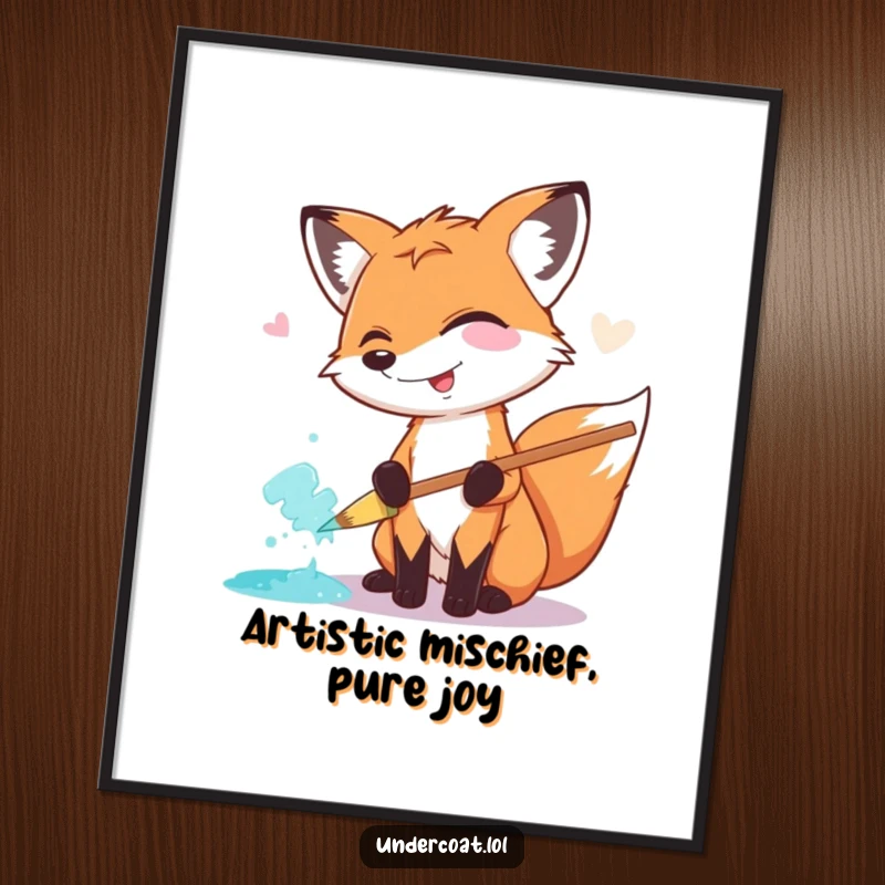 Funny Free Printable Wall Art: A giggling fox enthusiastically smears paint across a canvas with a comically oversized pastel brush.