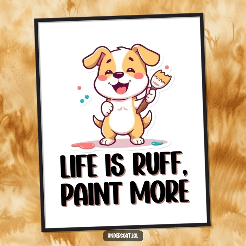 Funny free printable wall art of a playful dog energetically dabbing paint with a large brush, creating a masterpiece.