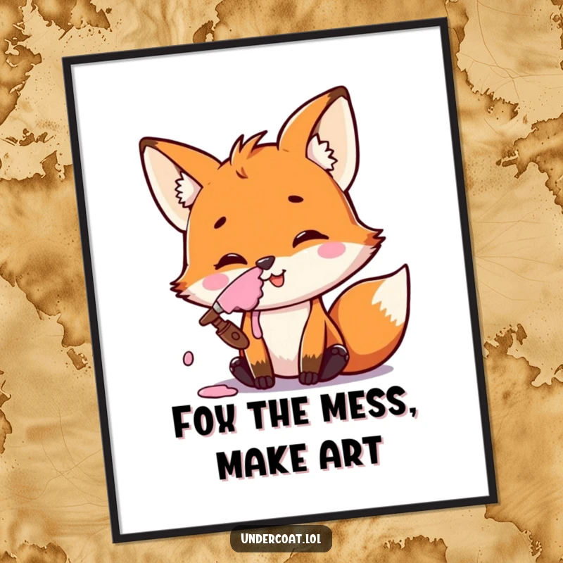 Funny free printable wall art of a mischievous fox smiling with paint smeared on its nose, a playful art piece.
