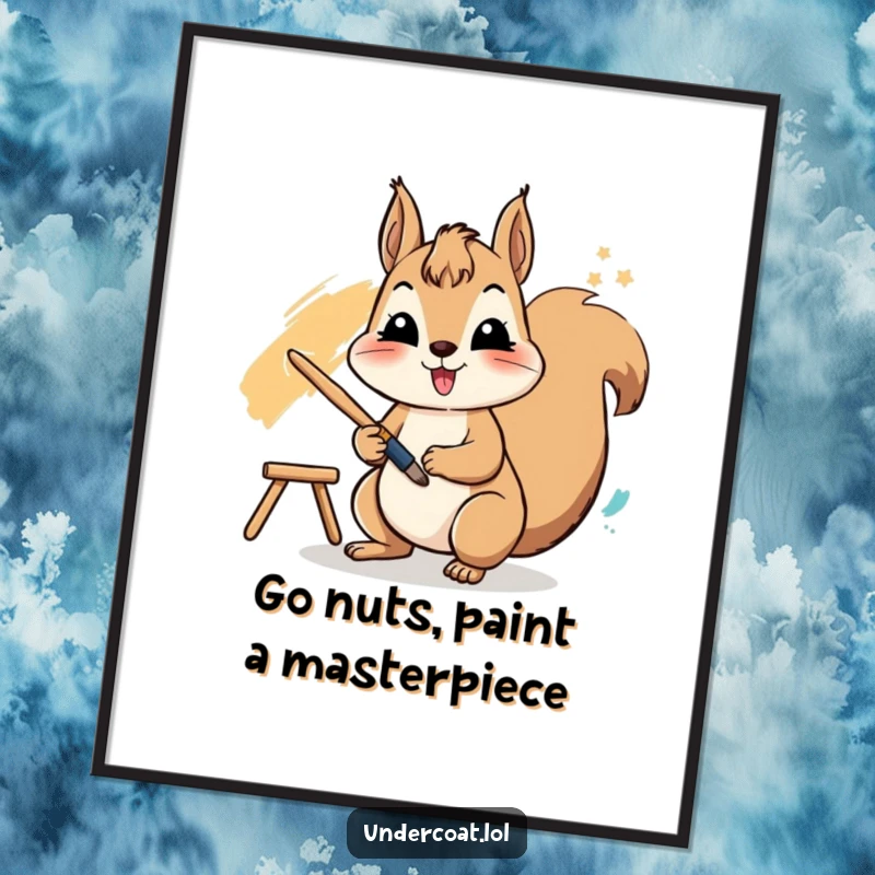 Funny Free Printable Wall Art: A cheerful squirrel actively uses a paintbrush to create a bold and vibrant stroke.