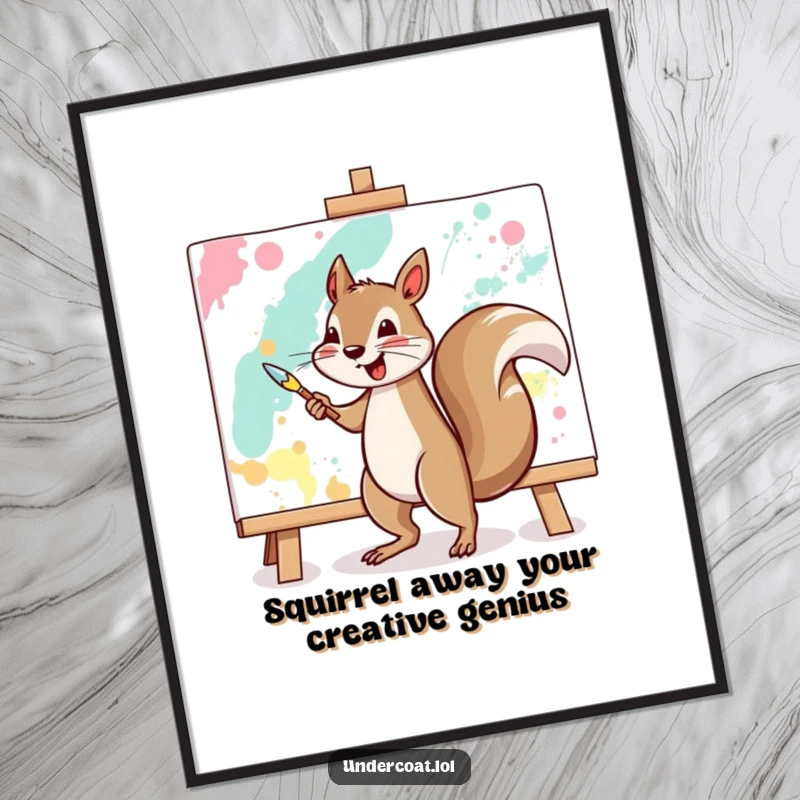 Funny Free Printable Wall Art: Cheerful squirrel enthusiastically painting a large abstract canvas.