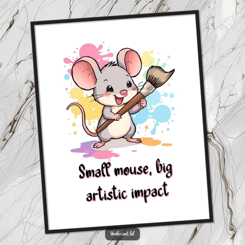 Funny Free Printable Wall Art: Tiny mouse enthusiastically wields a large paintbrush, splattering vibrant colors in a playful artistic display.