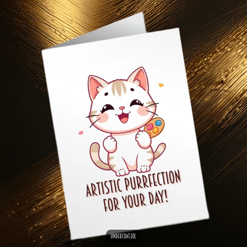 Funny Free Printable Birthday Card featuring a happy cat artist precariously balancing a colorful paint palette, ready to create a masterpiece.