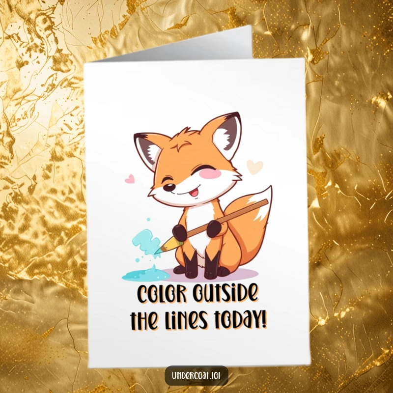 Funny Free Printable Birthday Card: A giggling fox gleefully smears vibrant paint with an oversized pastel brush, celebrating in style.