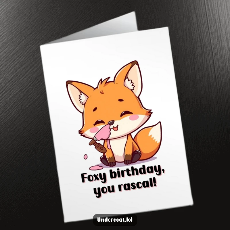 Funny free printable birthday card featuring a mischievous fox with paint on its nose, smiling cheekily. A messy art celebration.