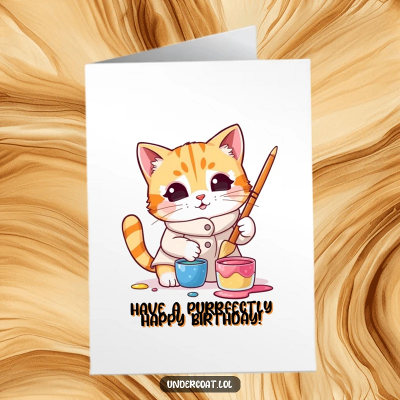 Funny Free Printable Birthday Card: A curious cat artist in a smock dips a brush into a colorful paint pot.