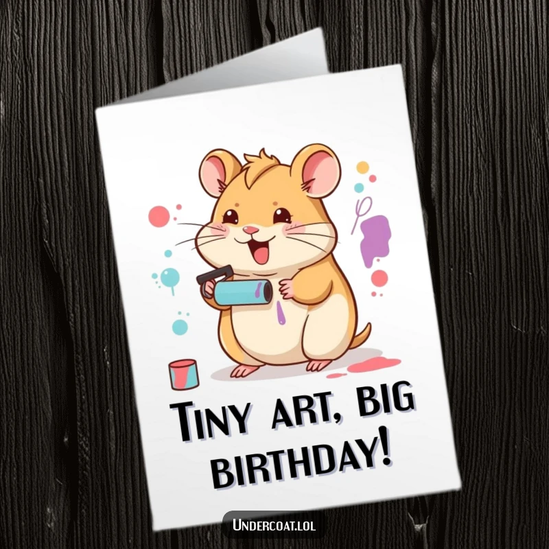 Funny free printable birthday card featuring a happy hamster creating abstract art with a tiny paint roller, celebrating big.