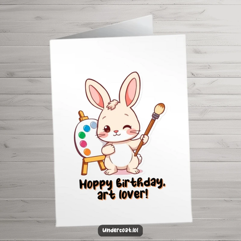 Funny free printable birthday card featuring a curious bunny artist holding a paintbrush, eyeing a colorful palette, ready to create.