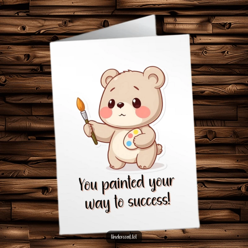 Funny Free Printable Congrats Card: A playful bear artist balances a palette and brush, celebrating your incredible success with art.
