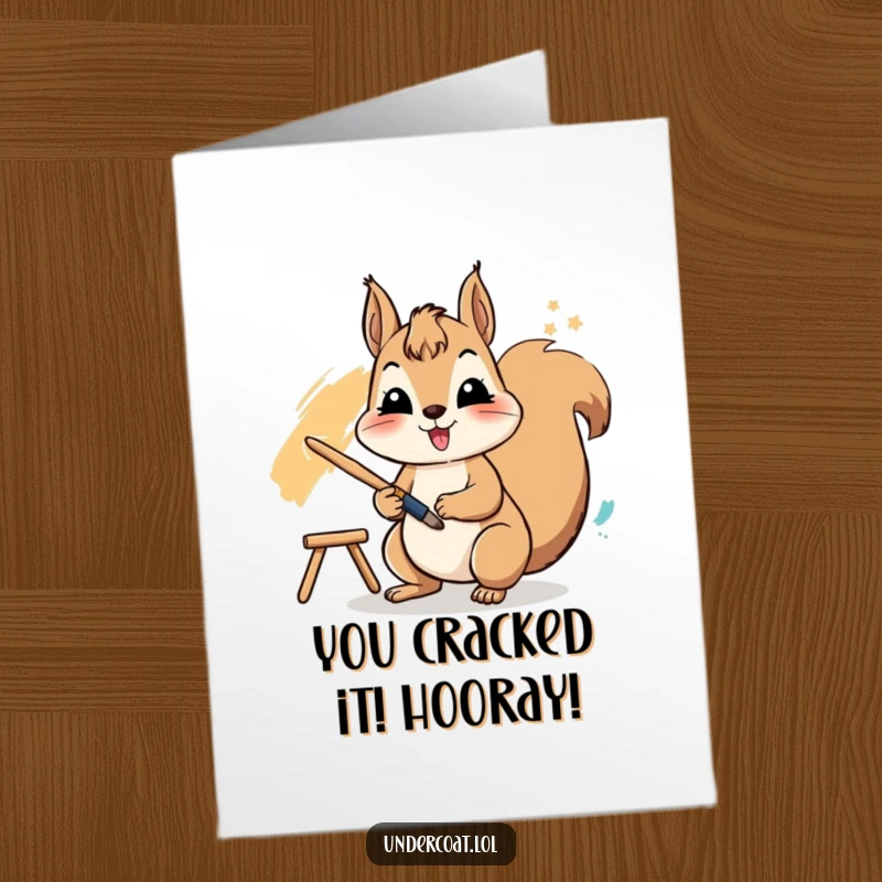 Funny Free Printable Congratulations Card: A cheerful squirrel artist creates a vibrant stroke with a paintbrush, celebrating.